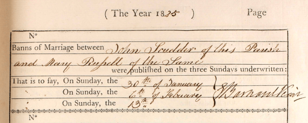 Banns for Mary Russell and John Skudder at St Mary the Virgin, Bexley, Kent DETAIL