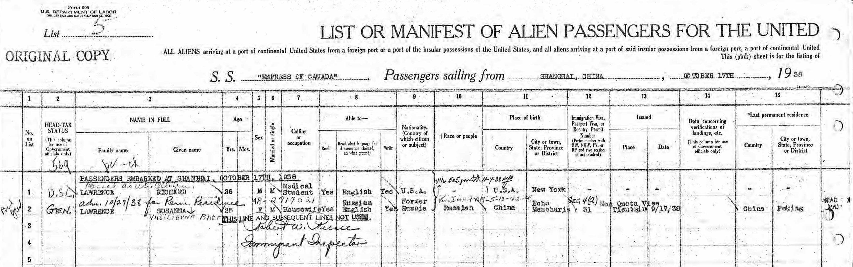 Lawrence arrival Empr of Canada 1