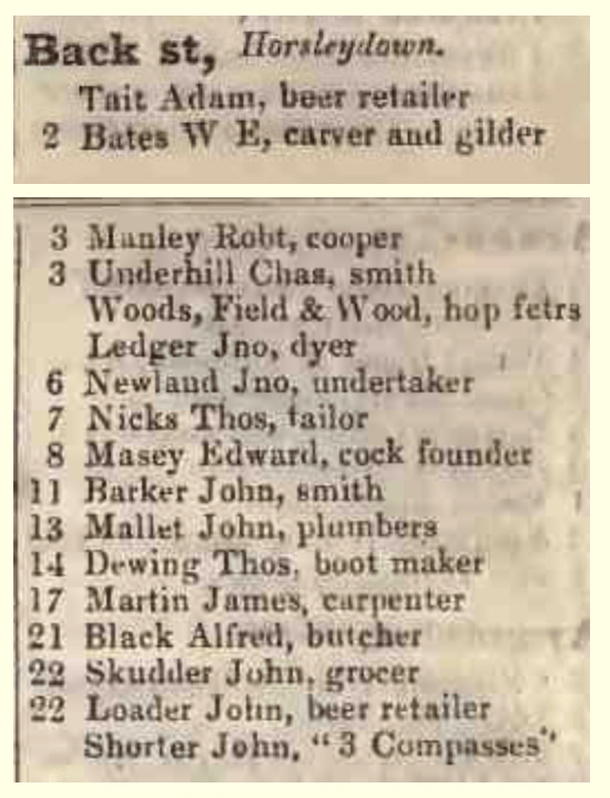 A historical list of tradespeople and their occupations from Back Street, Horsleydown, including names such as Tait Adam, beer retailer, and Bates W E, carver and gilder.