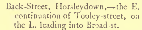 Text description of a street name and directions, referring to Back-Street in Horsleydown and its connections to Tooley-street and Broad-street.