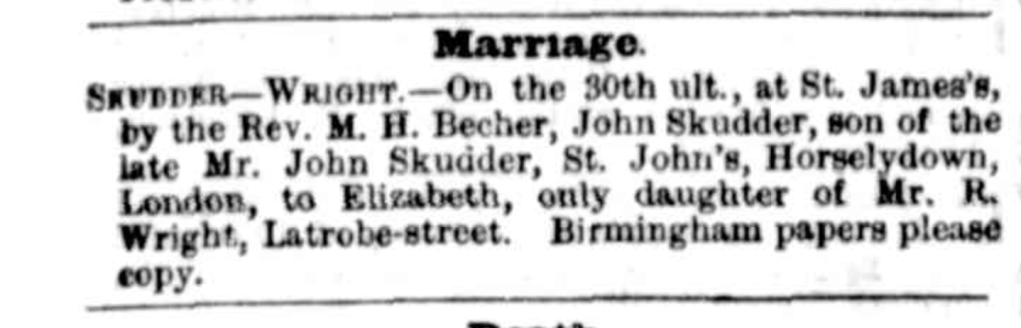 Marriage announcement for John Skudder and Elizabeth Wright, detailing the ceremony at St. James's and the officiant.