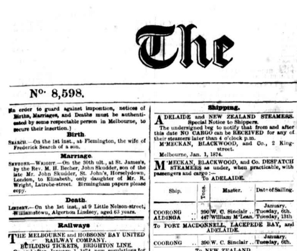 A newspaper clipping featuring birth, marriage, and death announcements, along with shipping notices and railway information from Melbourne, dated January 1, 1874.