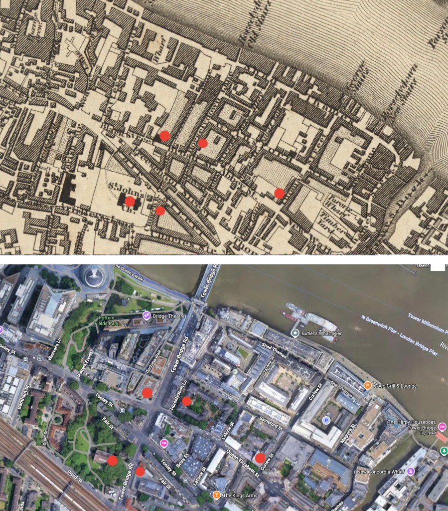 A comparison of a historical map and a modern aerial view of the same area, highlighting specific locations with red markers.
